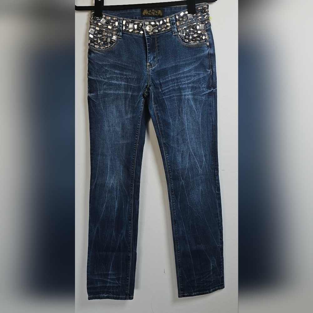 Virgin Only Dark Wash Distressed Low Rise Bejeweled Jeans size 28